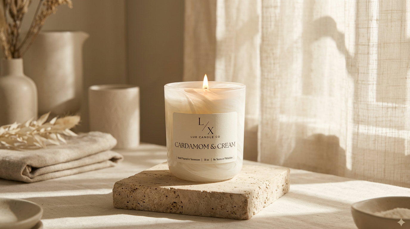 A single candle glowing on a marble plinth in a sun-drenched room