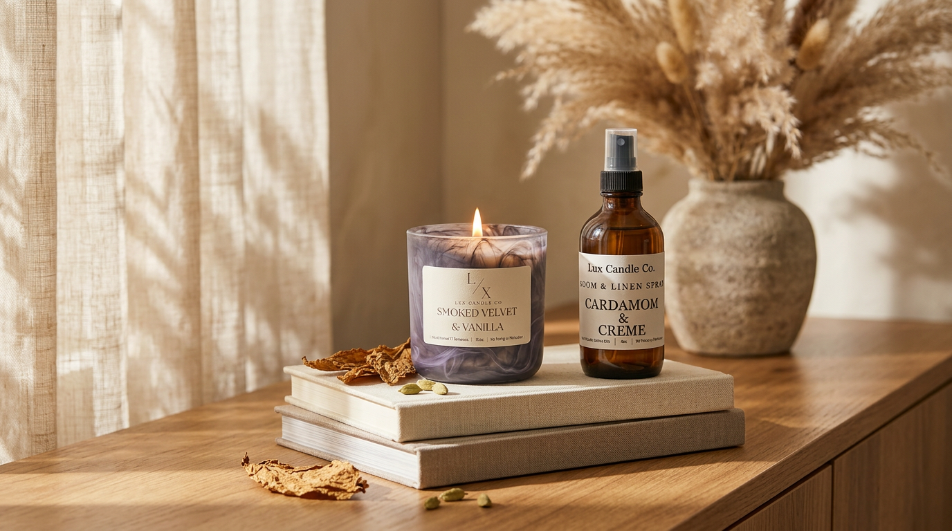 Lux Candle Co. lifestyle flat lay on marble