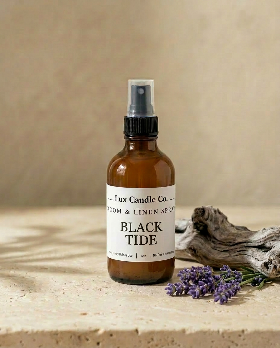 Black Tide Room & Linen Spray in black swirl jar
