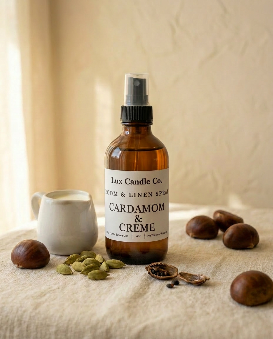 Lux Candle Co. room & linen sprays bottle on a neutral background
