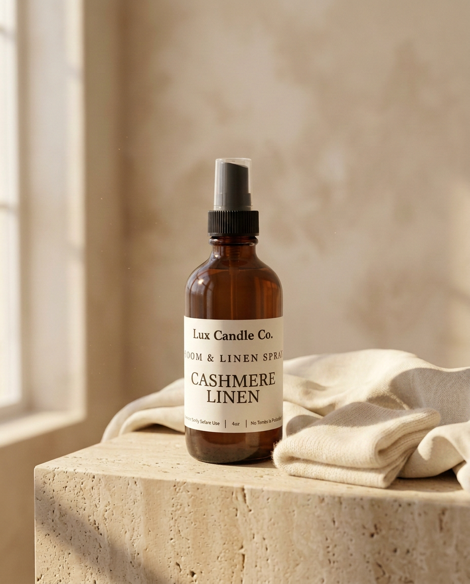 Cashmere Linen Room & Linen Spray in black swirl jar