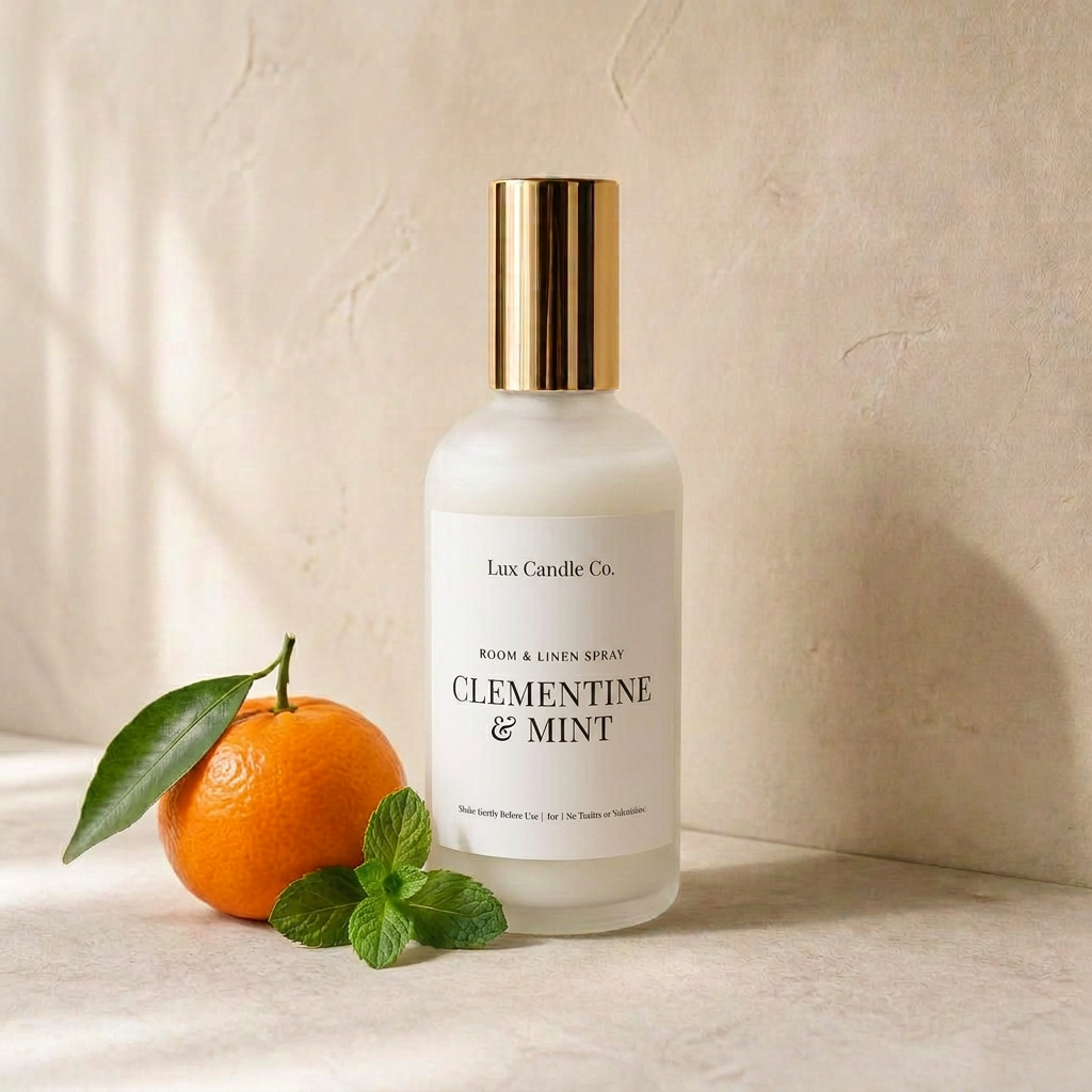 Clementine & Mint Room & Linen Spray in black swirl jar