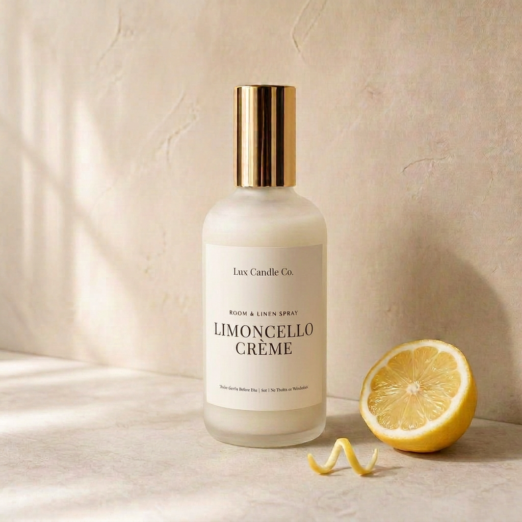 Limoncello Crème Room & Linen Spray in black swirl jar