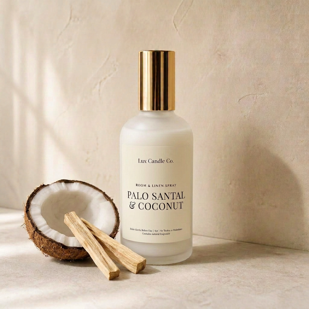 Palo Santal & Coconut Room & Linen Spray in black swirl jar