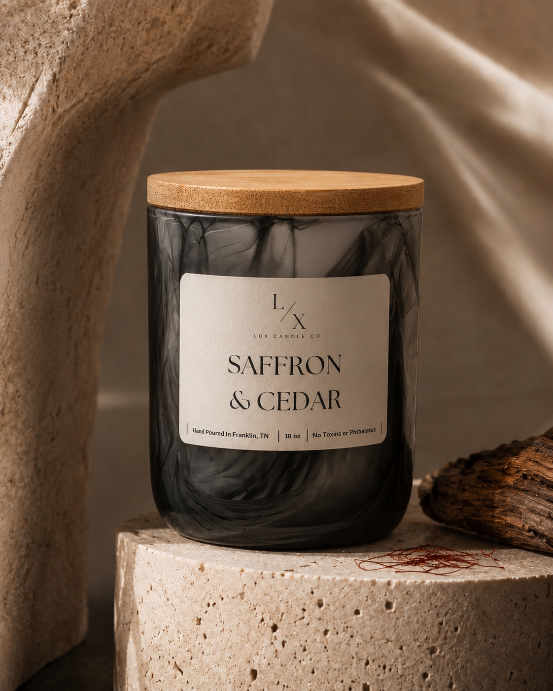 Saffron & Cedar in white swirl jar