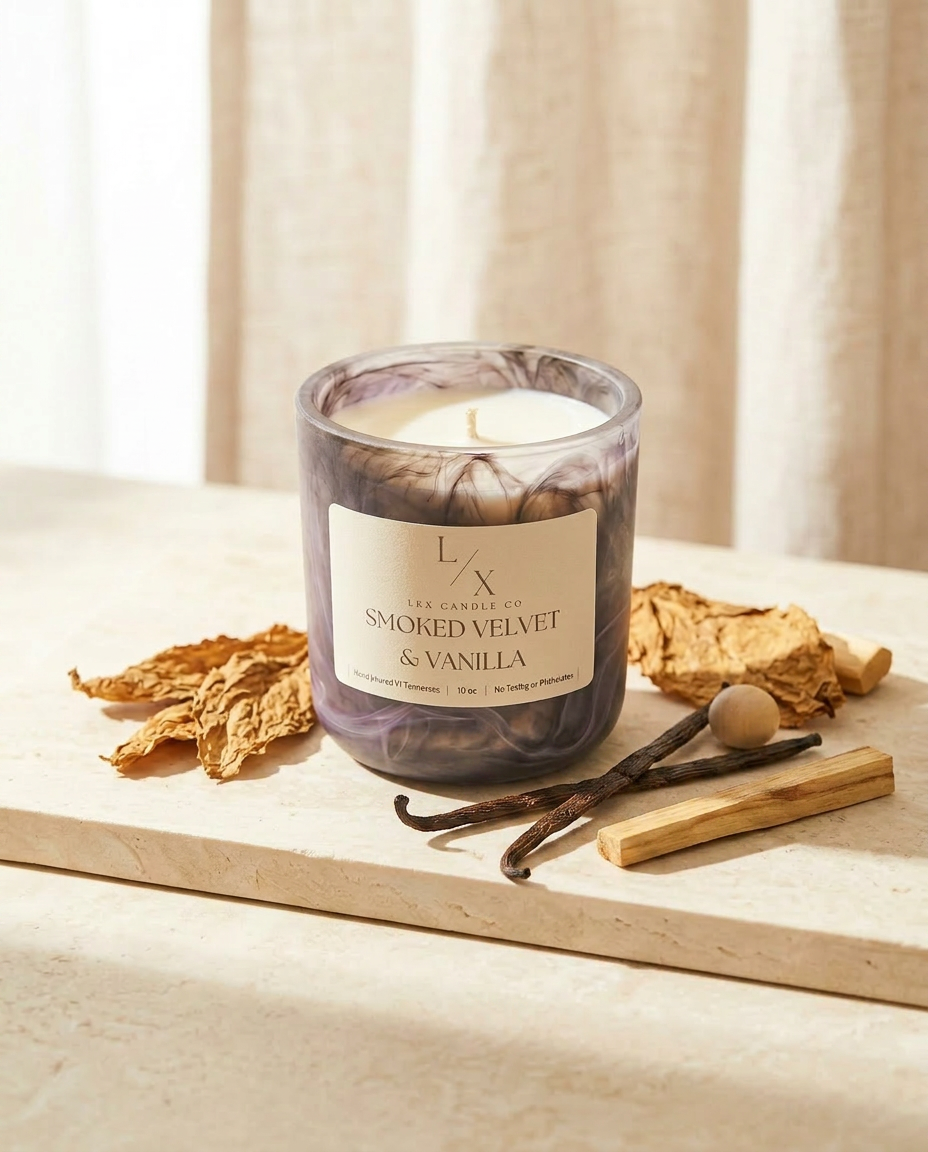 Lux Candle Co. hand-poured soy candle in a black swirl jar