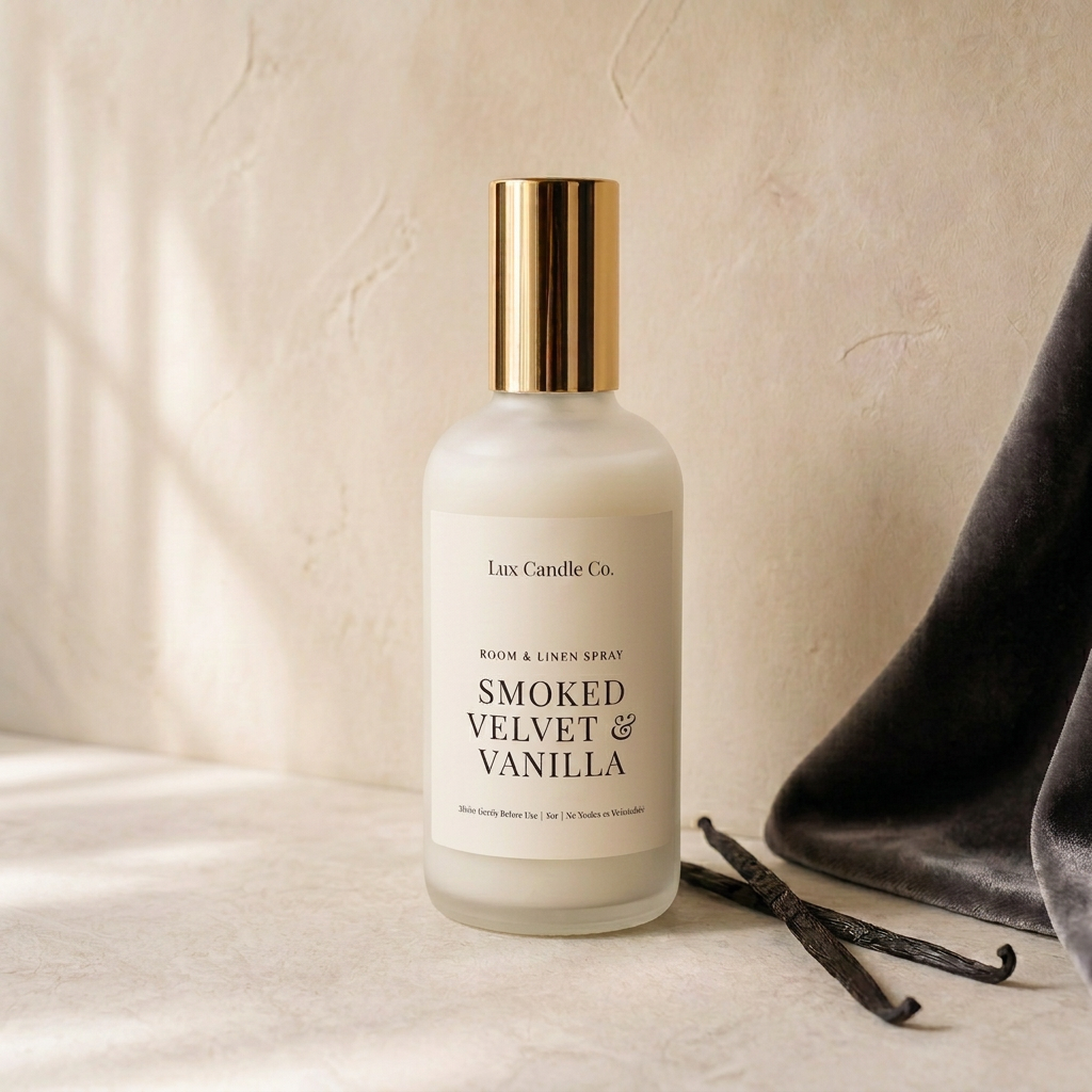 Smoked Velvet Vanilla Room & Linen Spray in black swirl jar